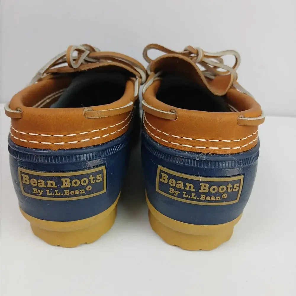 L.L.Bean Women's SZ 9M Bean Boots, Rubber Mocs Tan Bright Navy Runs 1 SZ LG